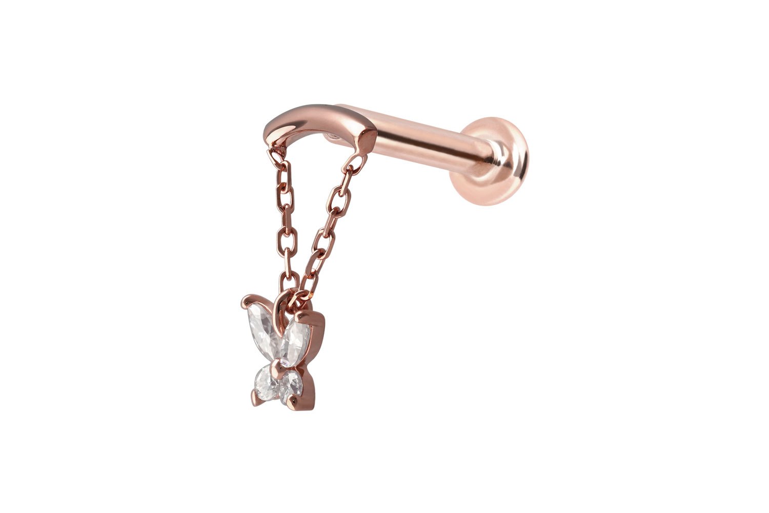 14 Karat Gold Labret Piercing mit Push Fit MOISSANIT-SCHMETTERLING + BOGEN + KETTE